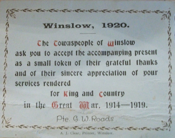 Printed acknowledgment to C.W. Roads
